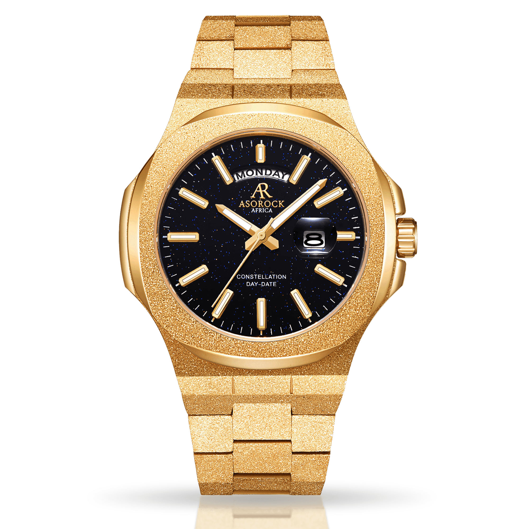 Gold/Black Frosted Stardust Constellation Day Date - from ASOROCK WATCHES  a black african american owned luxury unique watch brand with swiss rolex, Audemars Piguet, patek homage inspired style watches. Also a custom vvs moissanite diamond watch maker. 