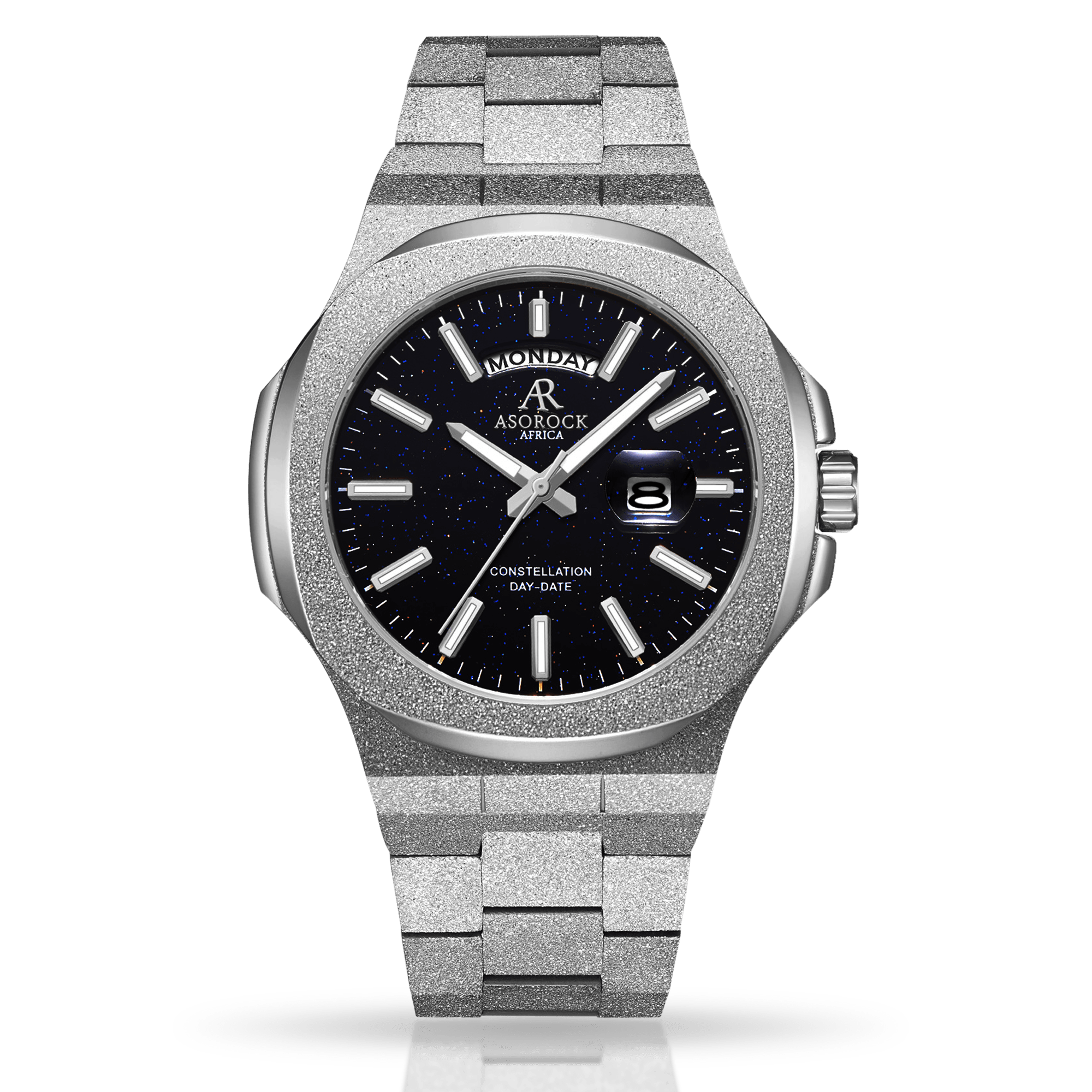 Silver/Black Frosted Stardust Constellation Day Date - from ASOROCK WATCHES  a black african american owned luxury unique watch brand with swiss rolex, Audemars Piguet, patek homage inspired style watches. Also a custom vvs moissanite diamond watch maker. 