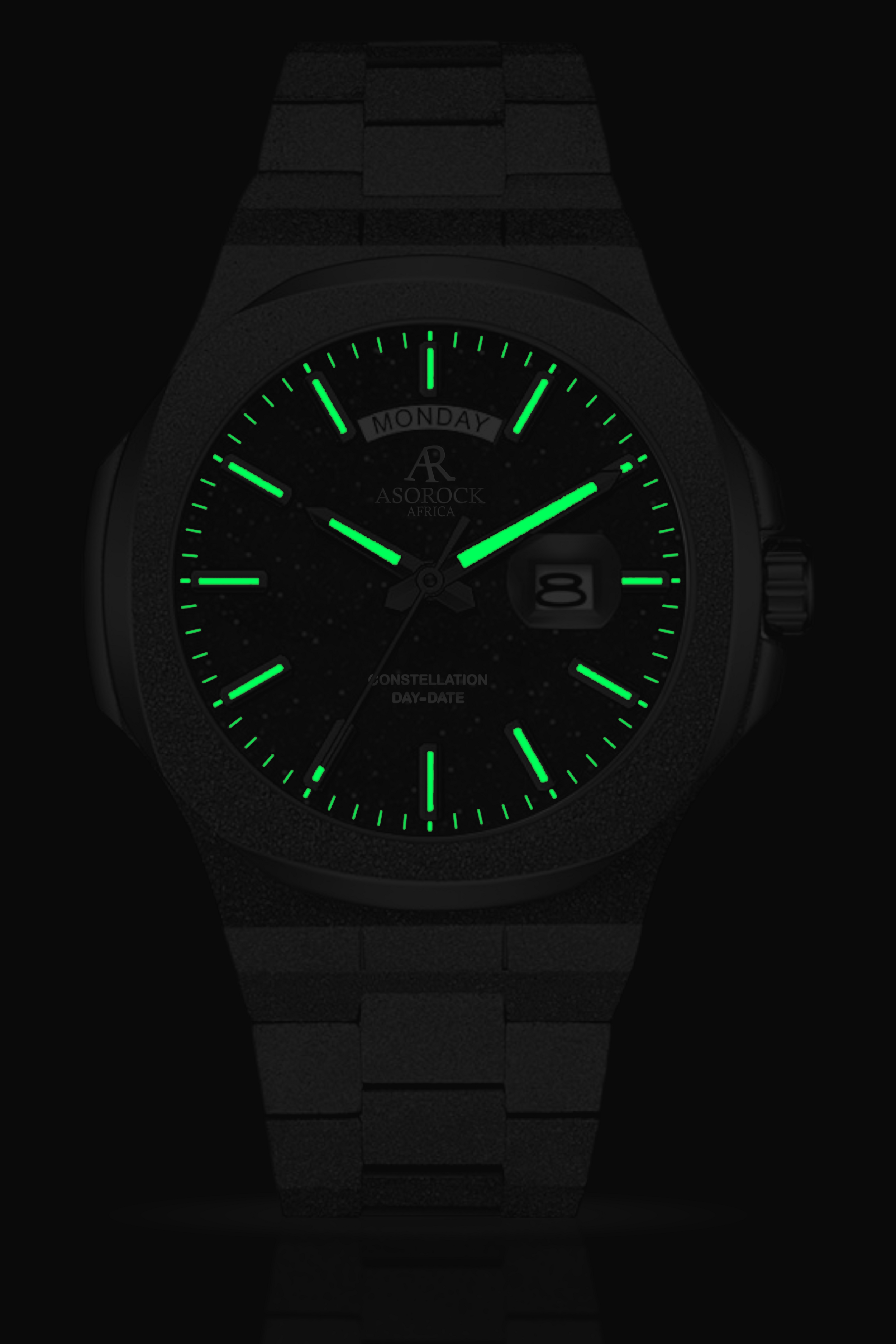 All Black frosted stardust Constellation Day-Date - from ASOROCK WATCHES  a black african american owned luxury unique watch brand with swiss rolex, Audemars Piguet, patek homage inspired style watches. Also a custom vvs moissanite diamond watch maker. 