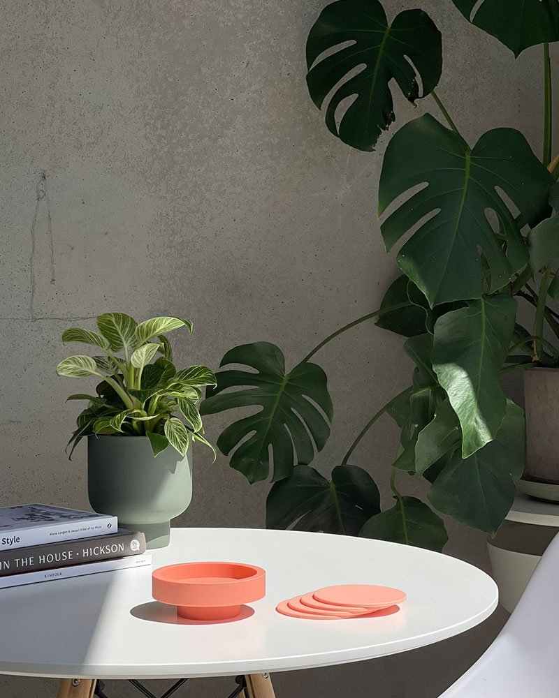 terra + peach | ciss | unbreakable silicone coasters | porter green, silicone coasters, coaster set with holder, coasters australia, coaster set of 4, sustainable coasters