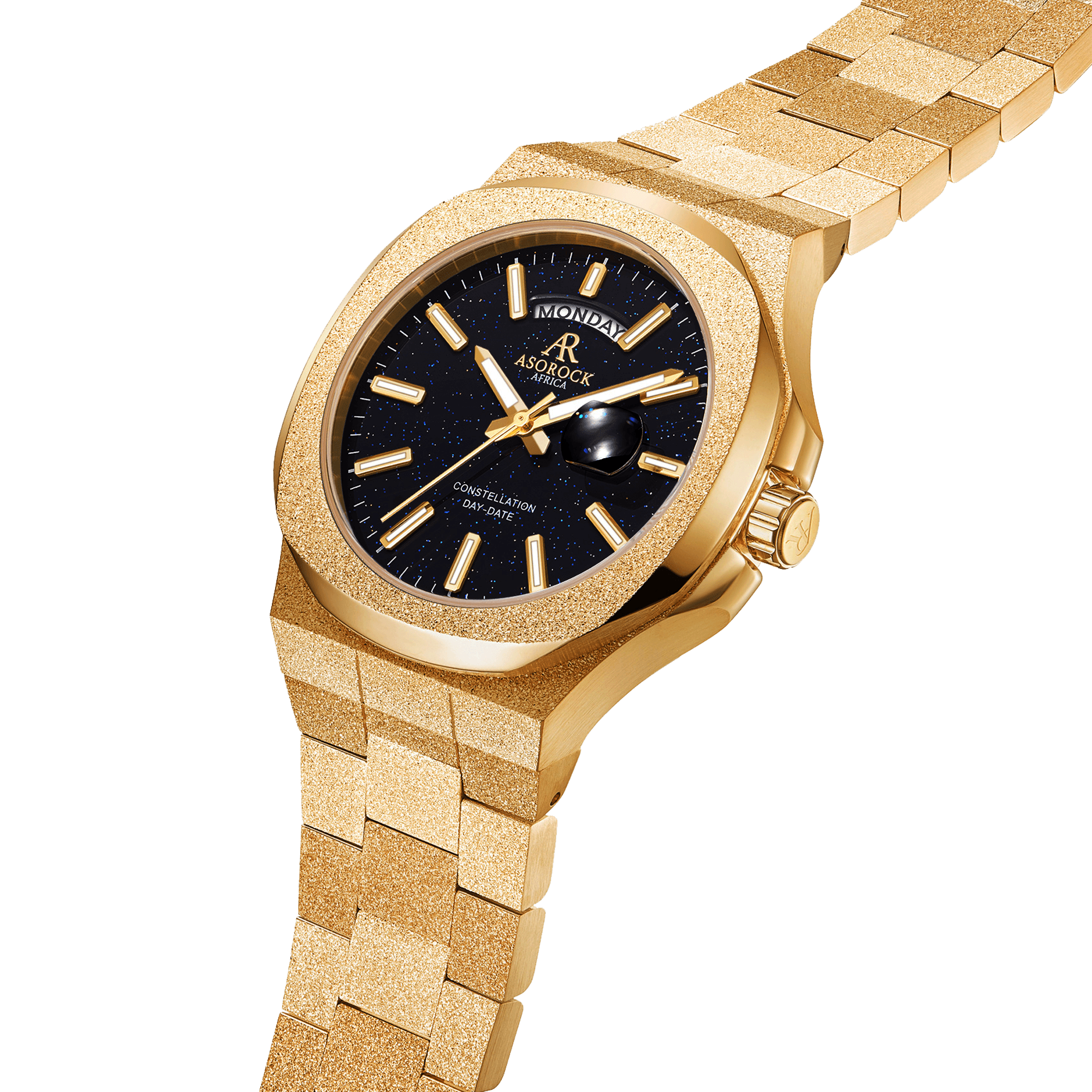 Gold/Black Frosted Stardust Constellation Day Date - from ASOROCK WATCHES  a black african american owned luxury unique watch brand with swiss rolex, Audemars Piguet, patek homage inspired style watches. Also a custom vvs moissanite diamond watch maker. 