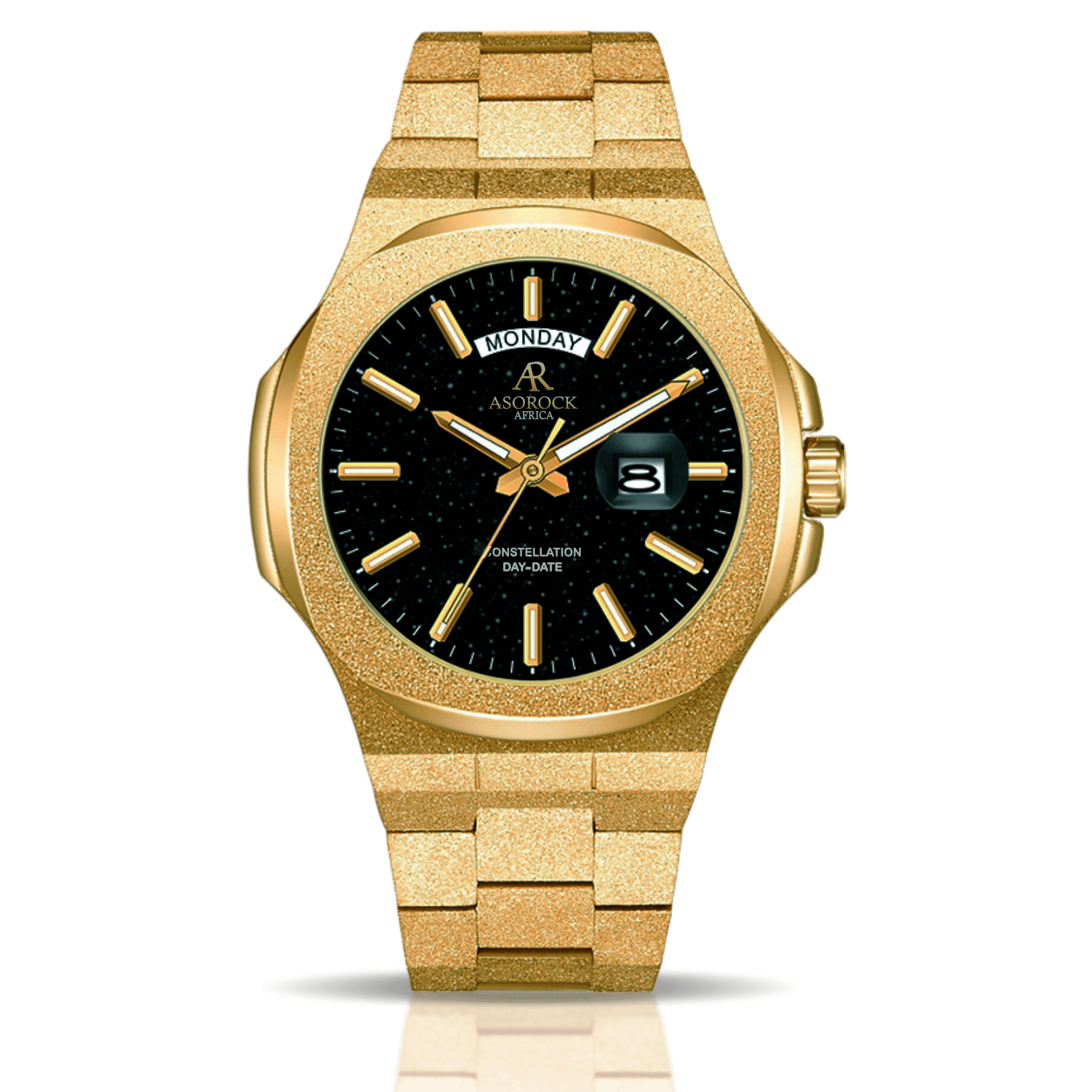 Gold/Black Frosted Stardust Constellation Day Date - from ASOROCK WATCHES  a black african american owned luxury unique watch brand with swiss rolex, Audemars Piguet, patek homage inspired style watches. Also a custom vvs moissanite diamond watch maker. 
