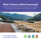 Explanation of honey coffee processing with image of coffee beans drying on raised beds. Text describes the process where coffee cherries are dried with mucilage intact, resulting in juicy, syrupy coffee with pronounced acidity. Includes eco-friendly and compostable packaging icons.