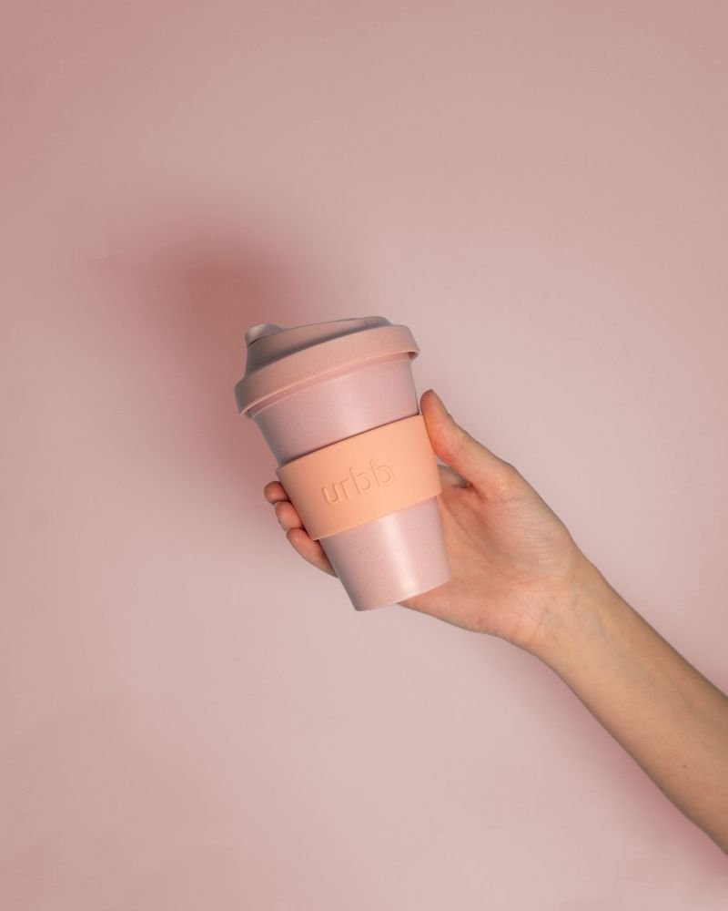 peach + petal | urbb | biodegradable bamboo coffee cup | porter green, biodegradable coffee cups. bamboo coffee cup, reusable coffee cup australia, 12oz coffee cup, leak proof coffee cup