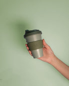 sage + olive | urbb | biodegradable bamboo coffee cup | porter green, biodegradable coffee cups. bamboo coffee cup, reusable coffee cup australia, 12oz coffee cup, leak proof coffee cup