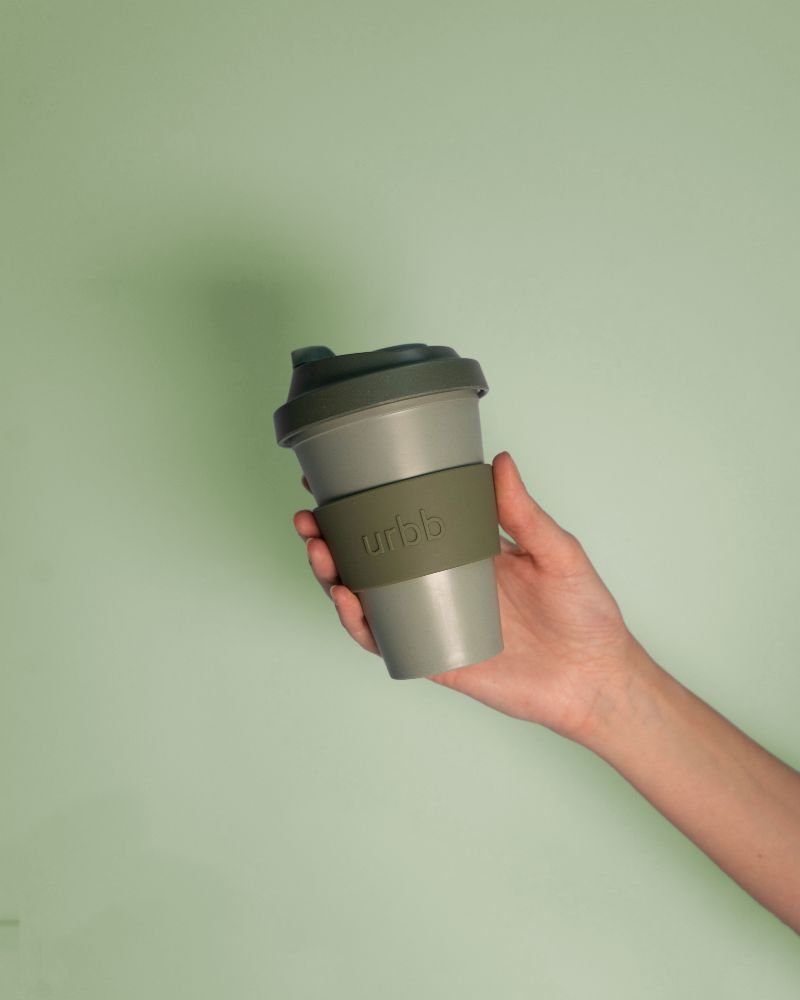 sage + olive | urbb | biodegradable bamboo coffee cup | porter green, biodegradable coffee cups. bamboo coffee cup, reusable coffee cup australia, 12oz coffee cup, leak proof coffee cup