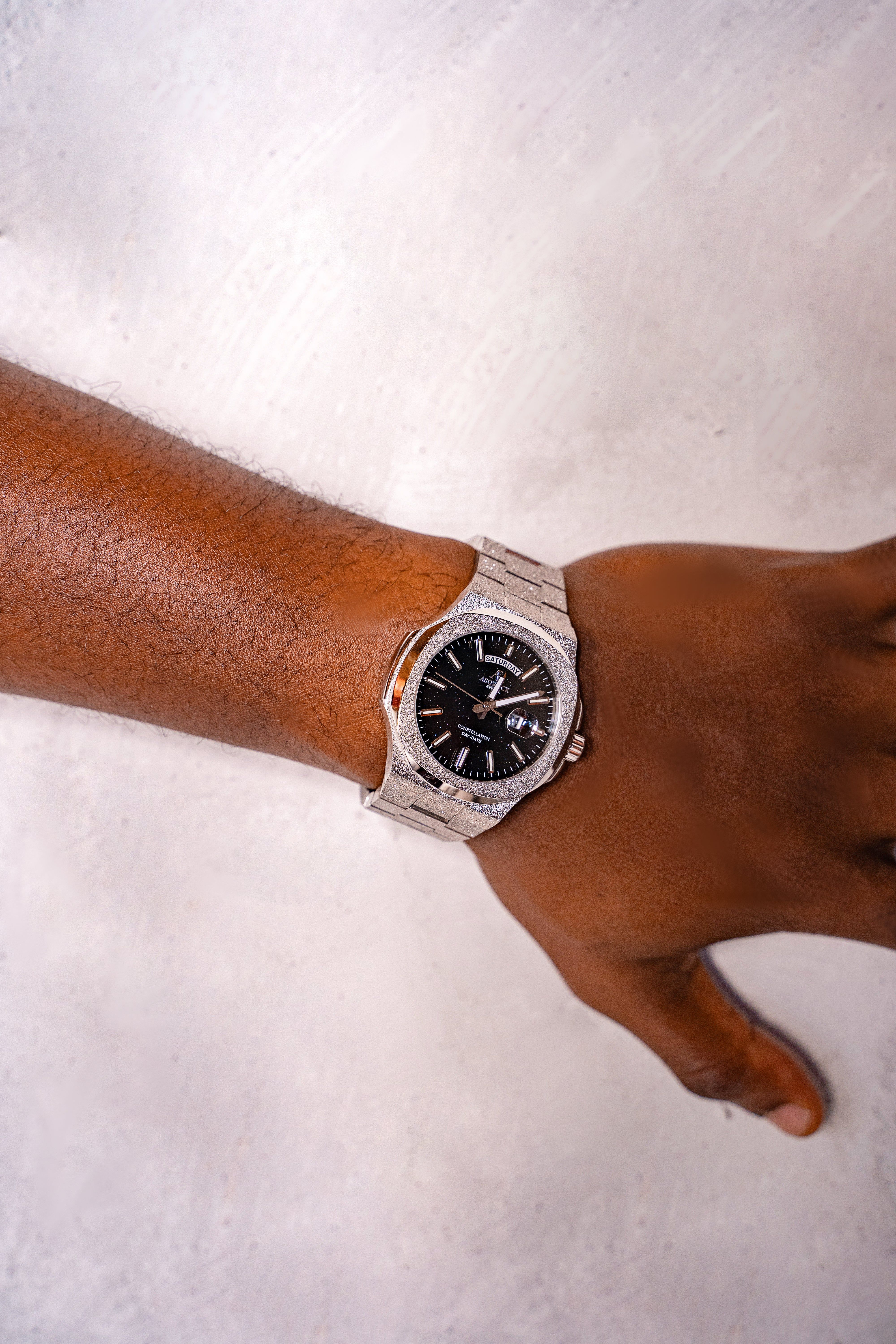 Silver/Black Frosted Stardust Constellation Day Date - from ASOROCK WATCHES  a black african american owned luxury unique watch brand with swiss rolex, Audemars Piguet, patek homage inspired style watches. Also a custom vvs moissanite diamond watch maker. 