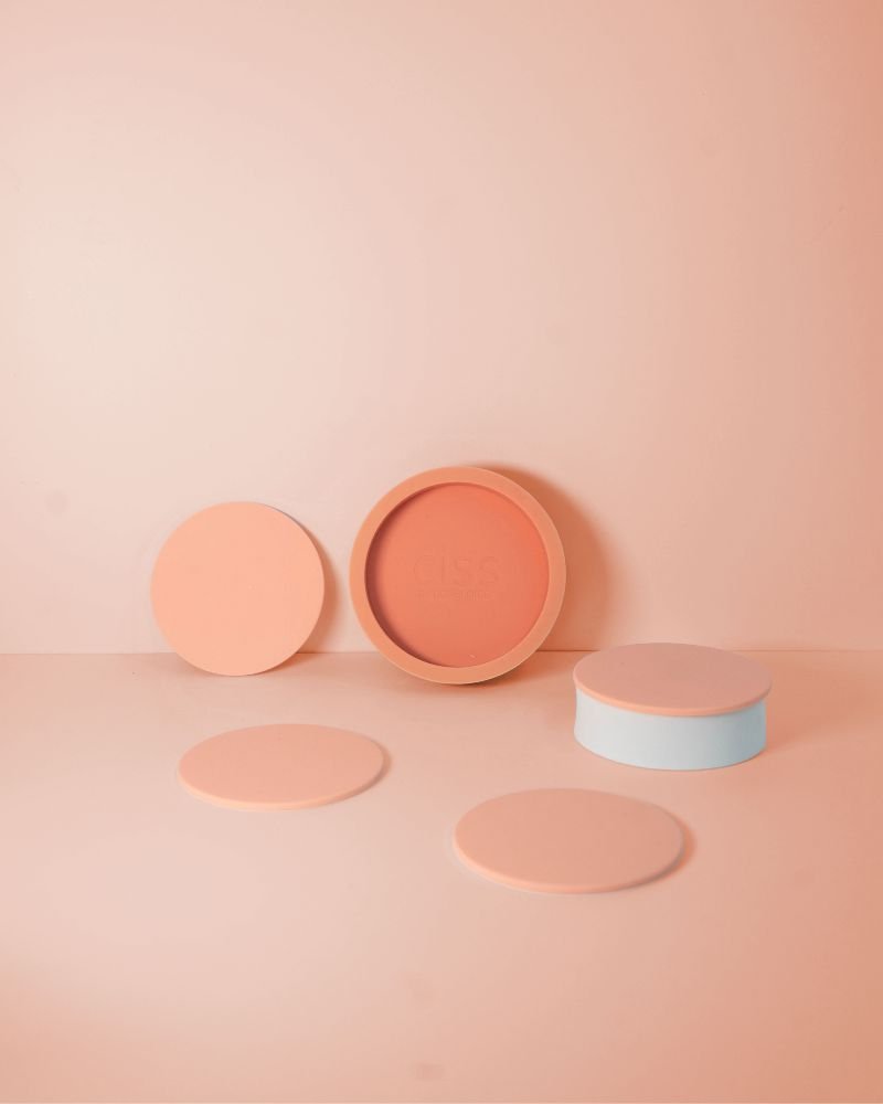 terra + peach | ciss | unbreakable silicone coasters | porter green, silicone coasters, coaster set with holder, coasters australia, coaster set of 4, sustainable coasters